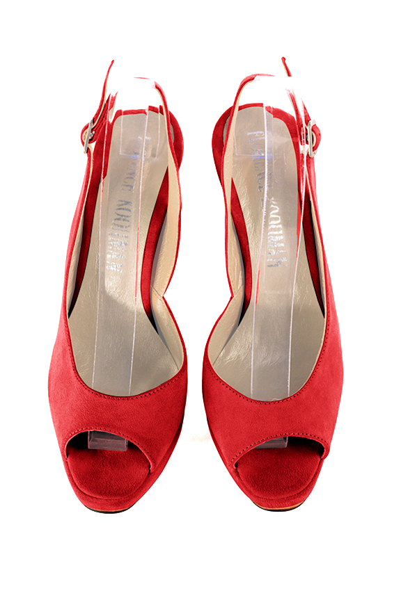 Dress heels peep-toe slingback in scarlet red leather with high slim heels with a platform at the front and round toe - Top view